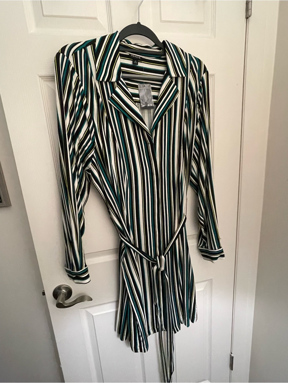 Striped Belted Shirt Dress in Teal, Black & White
